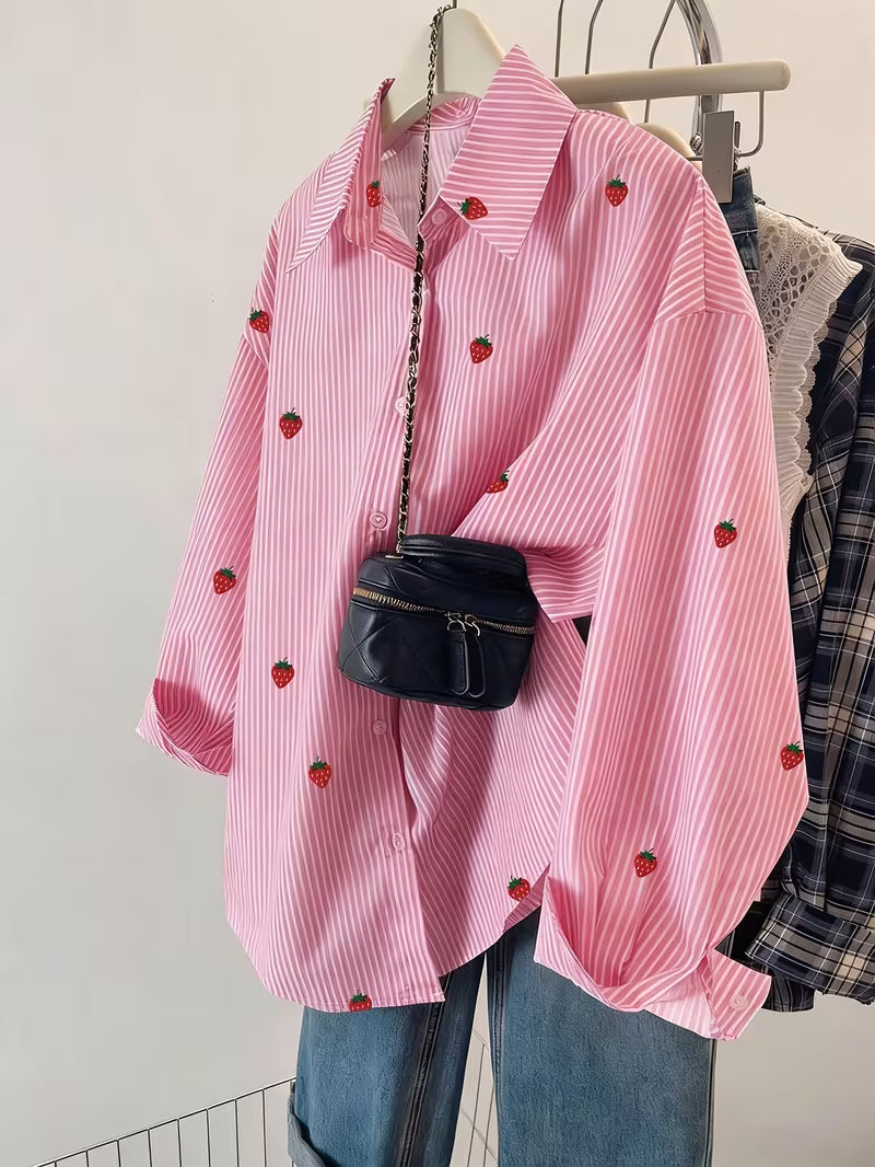 Women’s Pink Striped Strawberry Print Button-Down Shirt