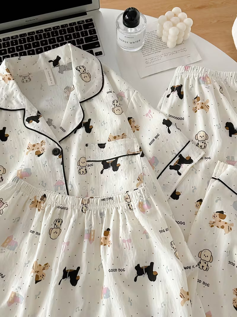 Women’s Set of 3 Cute Cartoon Puppy Print Pajama Sets – Short Sleeve Button-Up Sleepwear