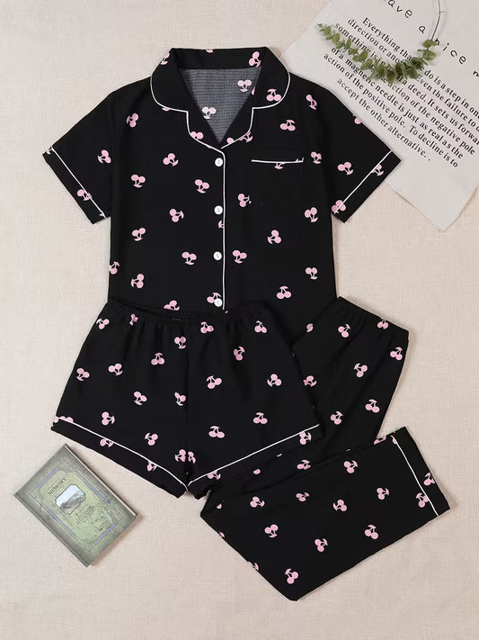 Women’s Cherry Print Pajama Set – Short Sleeve Button-Up Top & Lounge Shorts