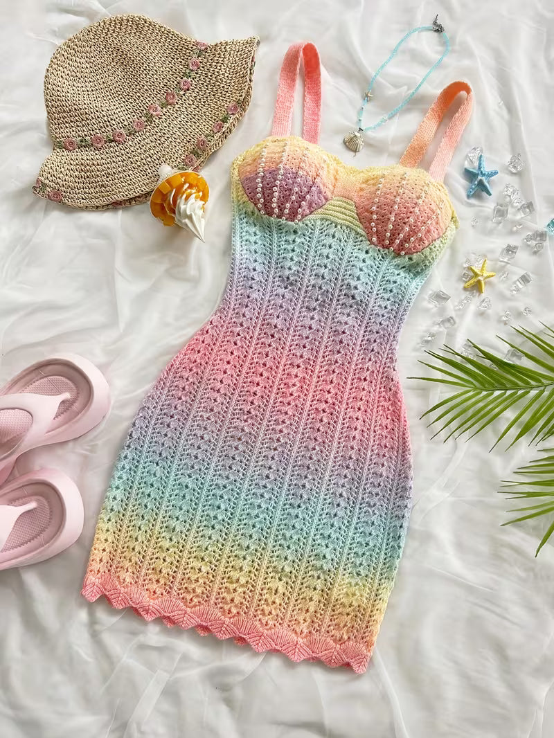Pastel Rainbow Crochet Knit Spaghetti Strap Maxi Dress