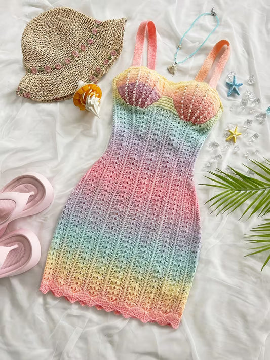 Pastel Rainbow Crochet Knit Spaghetti Strap Maxi Dress