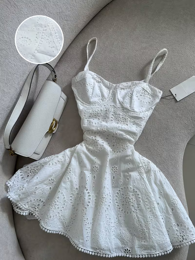White Eyelet Embroidered Flare Dress