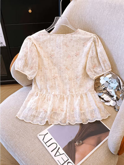 Floral Embroidered Puff Sleeve Peplum Top