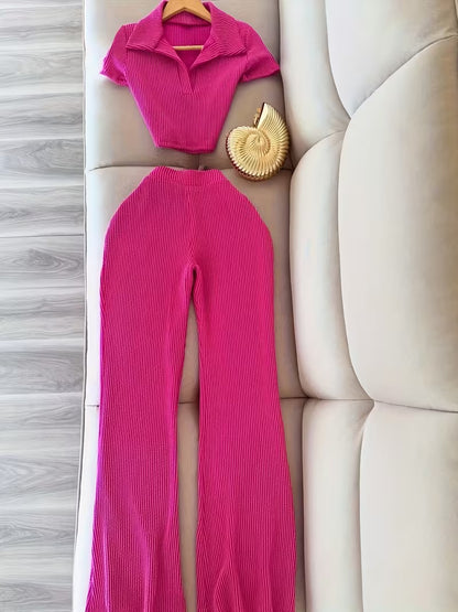 Women’s Pink Ribbed Collared Crop Top & Wide-Leg Pants Set