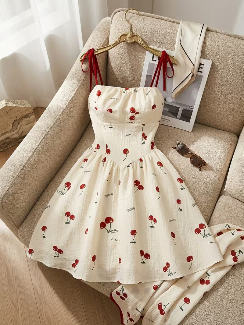 Cherry Print Tie-Strap Mini Dress
