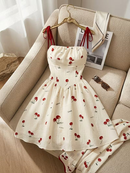 Cherry Print Tie-Strap Mini Dress