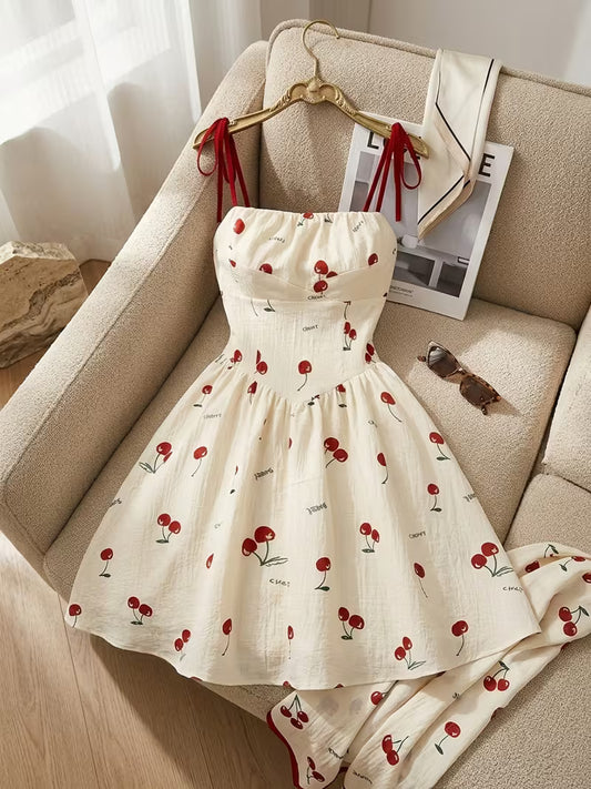 Cherry Print Tie-Strap Mini Dress