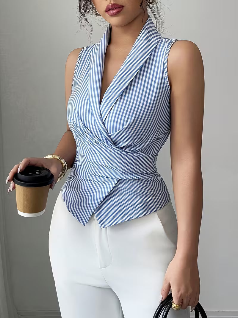 Women’s Blue Striped Wrap Front Sleeveless Blouse