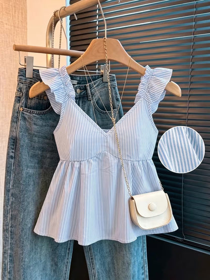 Blue & White Striped Ruffle Peplum Top