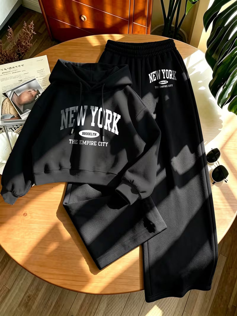 Women’s Black New York Printed Hoodie and Jogger Co-Ord Set