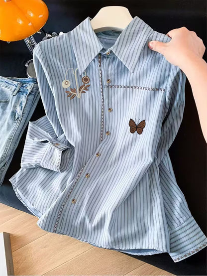 Women’s Light Blue Embroidered Butterfly & Floral Button-Down Shirt