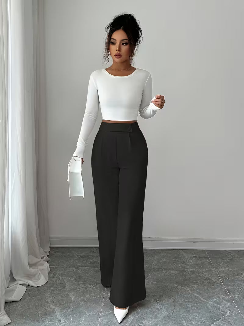 High-Waisted Wide-Leg Button-Front Trousers – Pack of 2