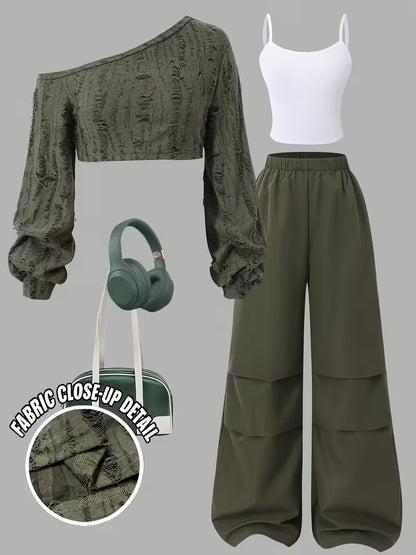 Women’s Olive Green Textured One-Shoulder Crop Top & Wide-Leg Pants 3-Piece Co-Ord Set