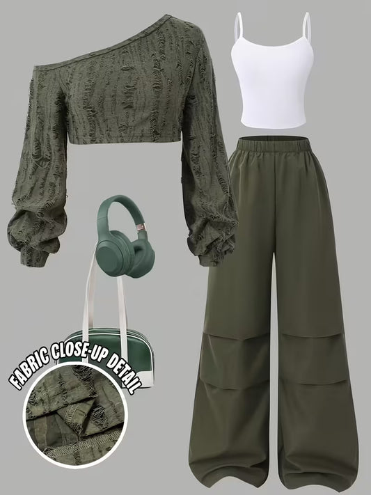 Women’s Olive Green Textured One-Shoulder Crop Top & Wide-Leg Pants 3-Piece Co-Ord Set