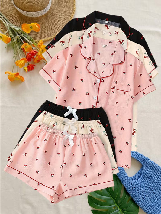 Women’s Cherry Print Soft Textured Short Pajama Set – (SET OF 3)