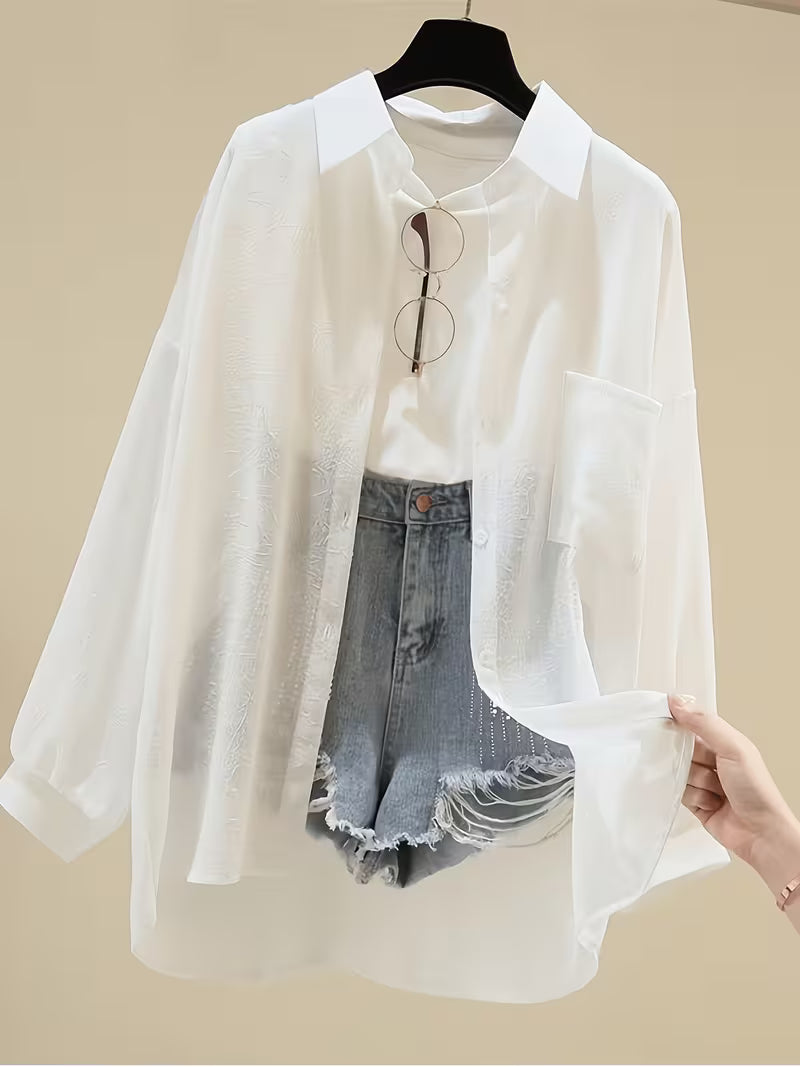 Women’s White Textured Sheer Button-Down Shirt
