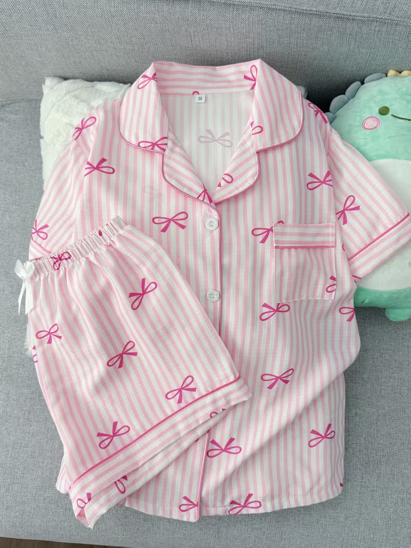 Women’s Pink Bow Print Striped Pajama Set – Short Sleeve Button-Up Sleepwear