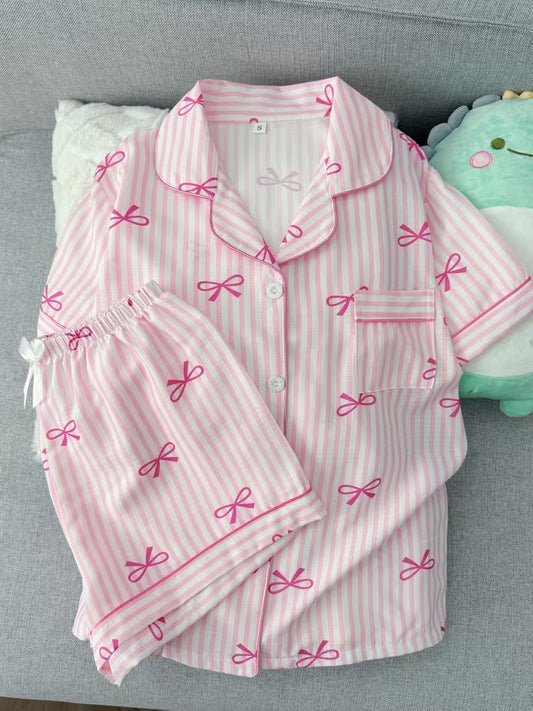 Women’s Pink Bow Print Striped Pajama Set – Short Sleeve Button-Up Sleepwear