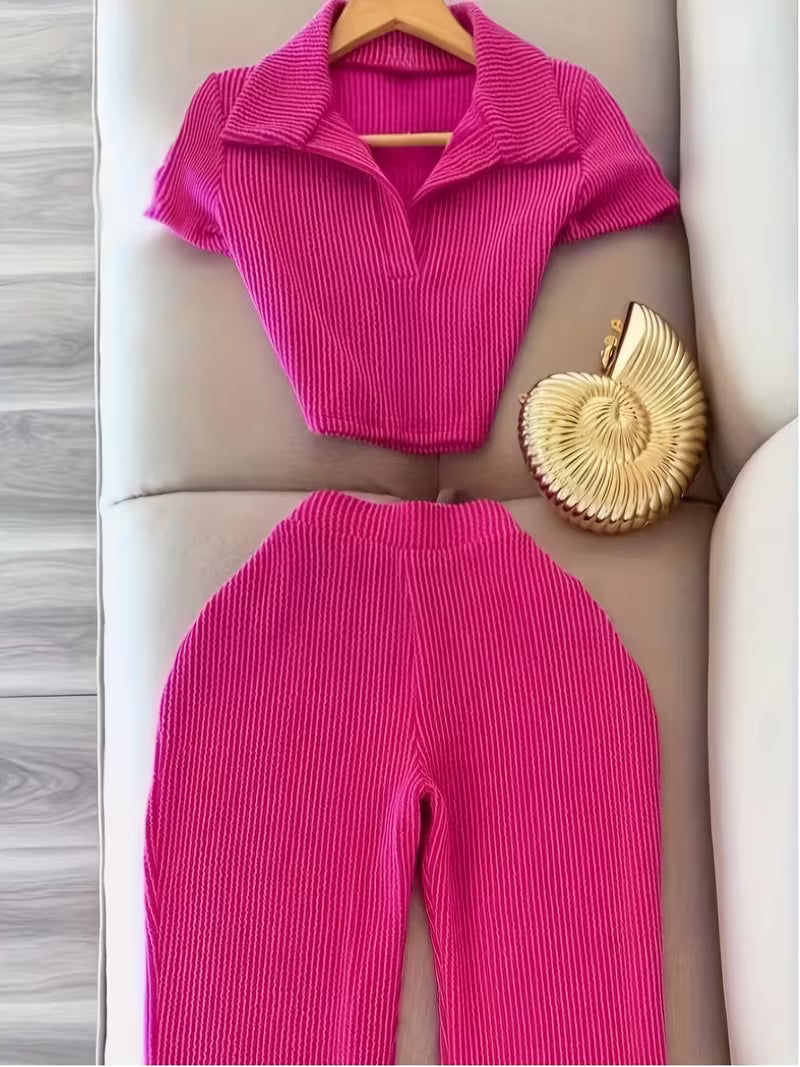 Women’s Pink Ribbed Collared Crop Top & Wide-Leg Pants Set