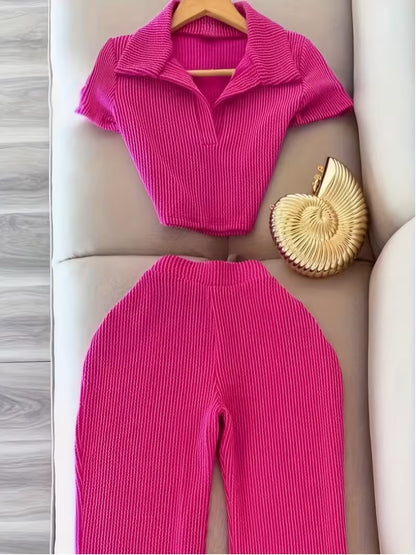 Women’s Pink Ribbed Collared Crop Top & Wide-Leg Pants Set