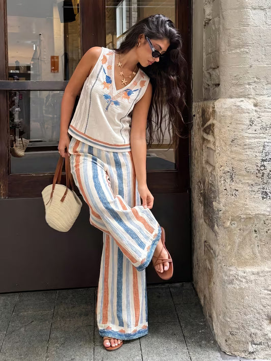 Santorini Striped Embroidered Co-Ord Set – Multicolor