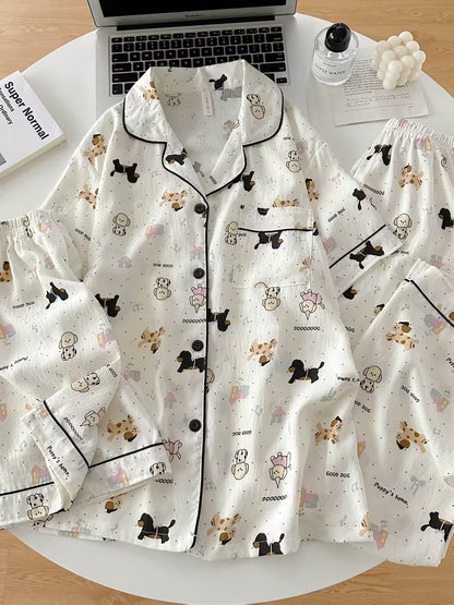 Women’s Set of 3 Cute Cartoon Puppy Print Pajama Sets – Short Sleeve Button-Up Sleepwear