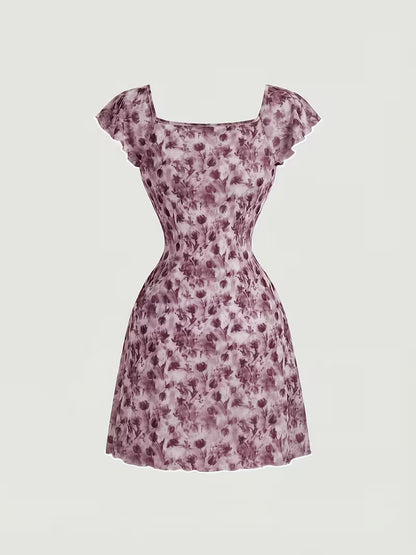 Lavender Floral Ruched Midi Dress