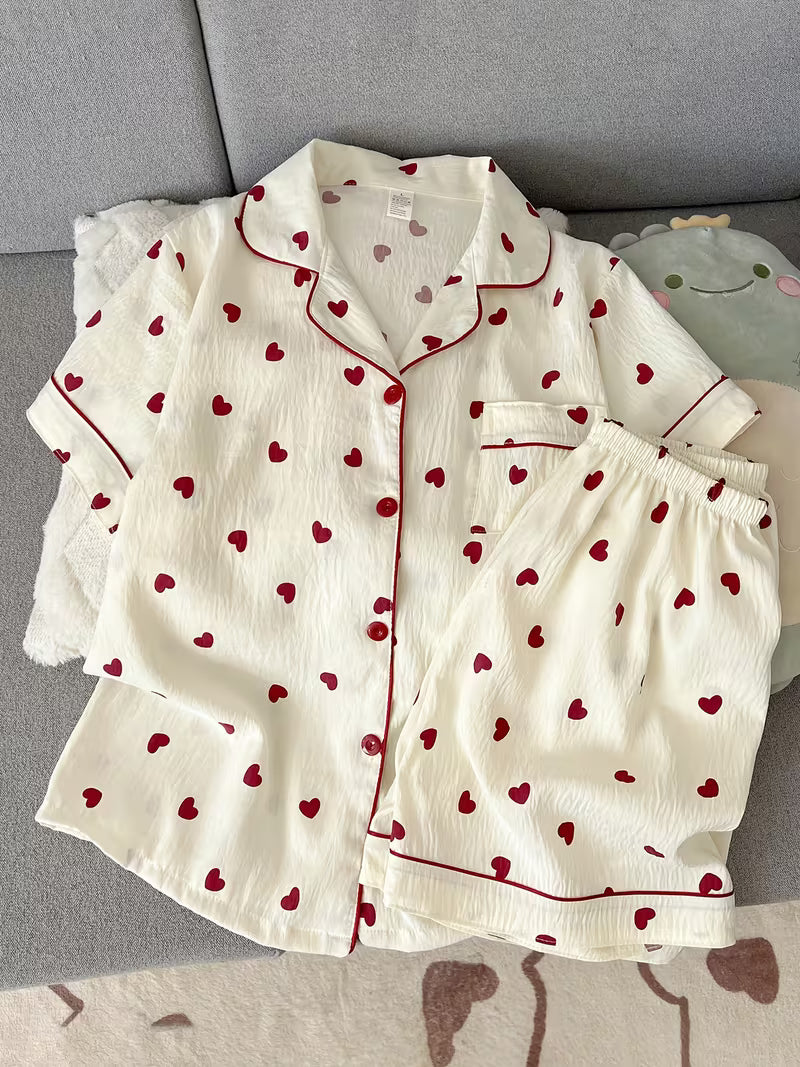 Women’s Red Heart Print Pajama Set – Short Sleeve Button-Up Sleepwear
