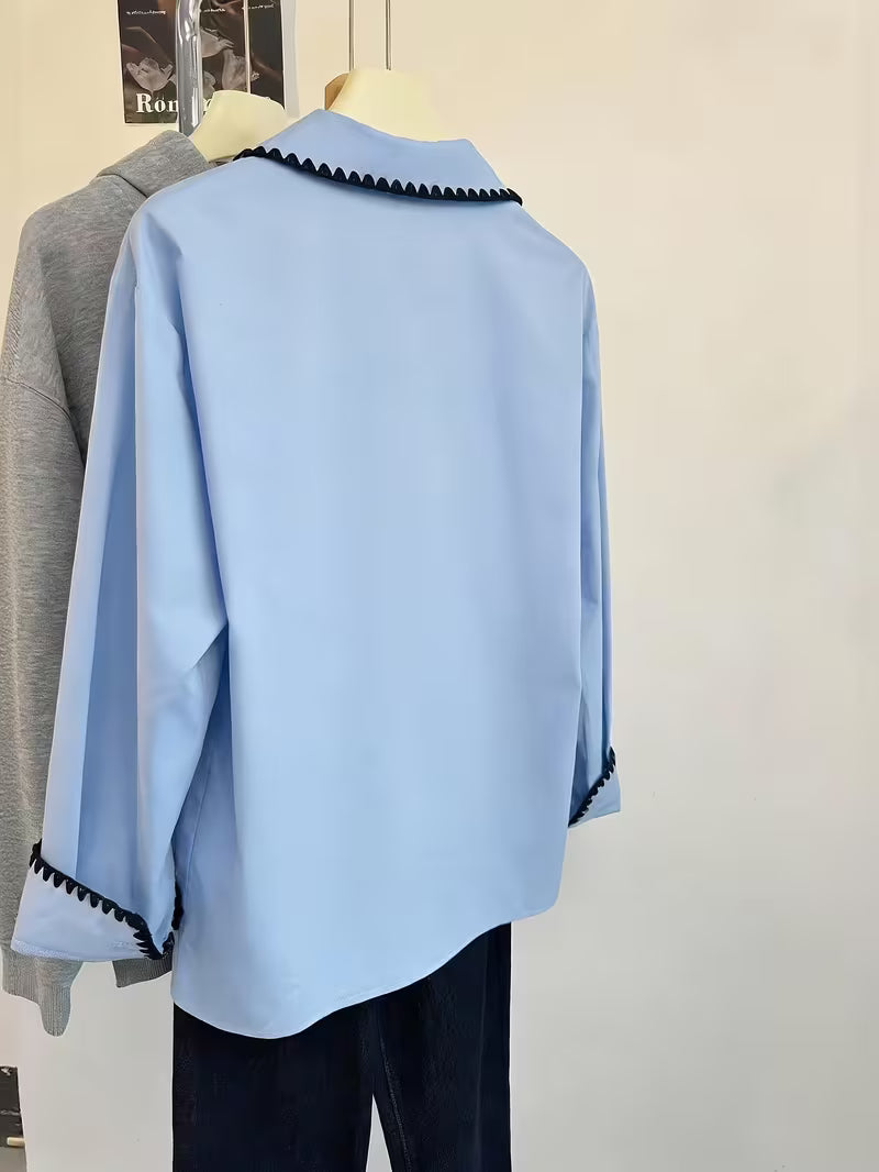 Women’s Light Blue Contrast Trim Button-Down Shirt