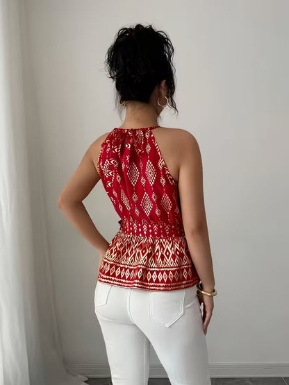 Red Printed Halter Neck Tie-Waist Peplum Top