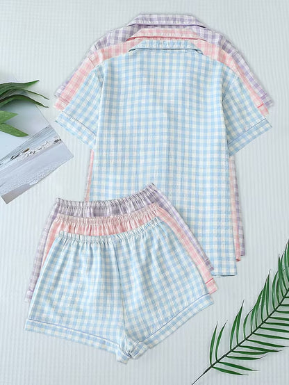 Women’s Set of 3 Plaid Check Pajama Sets – Short Sleeve Button-Up Sleepwear