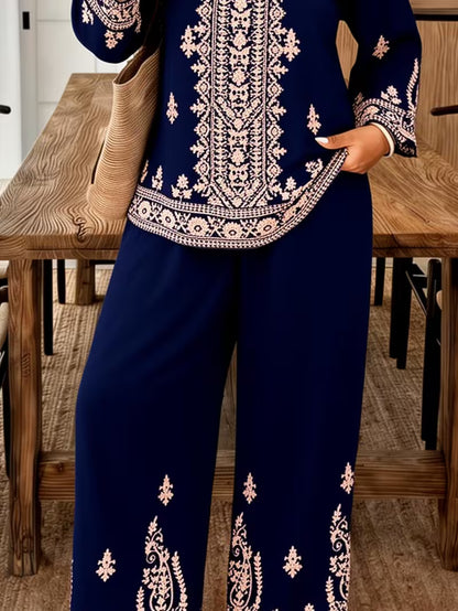 Navy Blue Embroidered Kurta & Palazzo Set