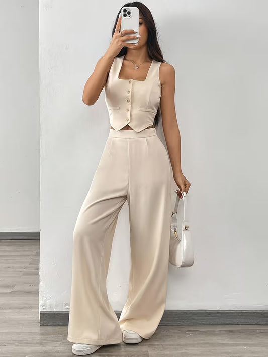 Women’s Beige Sleeveless Button-Front Vest & Wide-Leg Pants Set