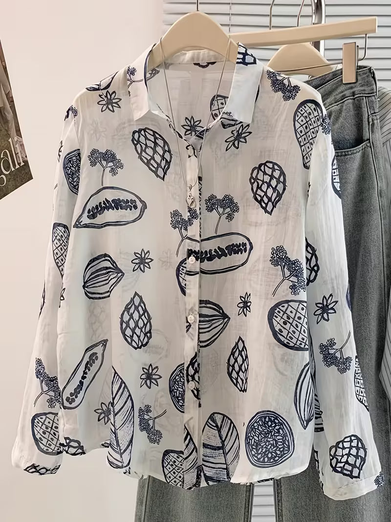 White printed button-down shirt.