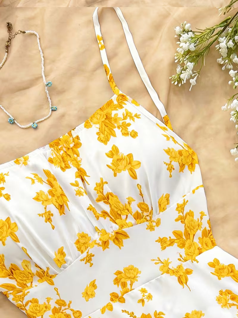 Mustard Floral Print Fit & Flare Mini Dress