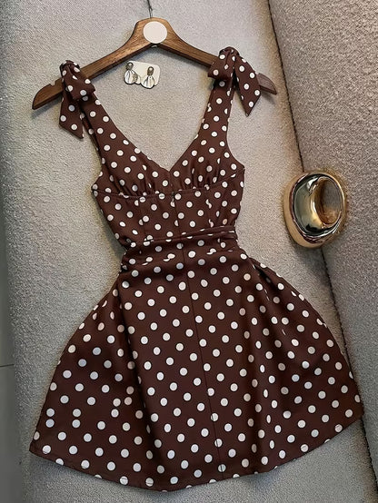 Chocolate Brown Polka Dot Tie-Shoulder Fit & Flare Dress