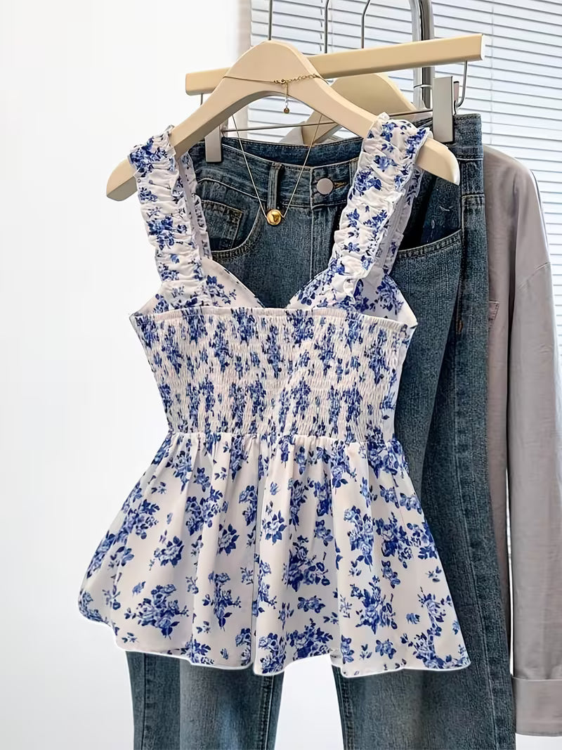Blue Floral Print Tie-Front Peplum Cami Top