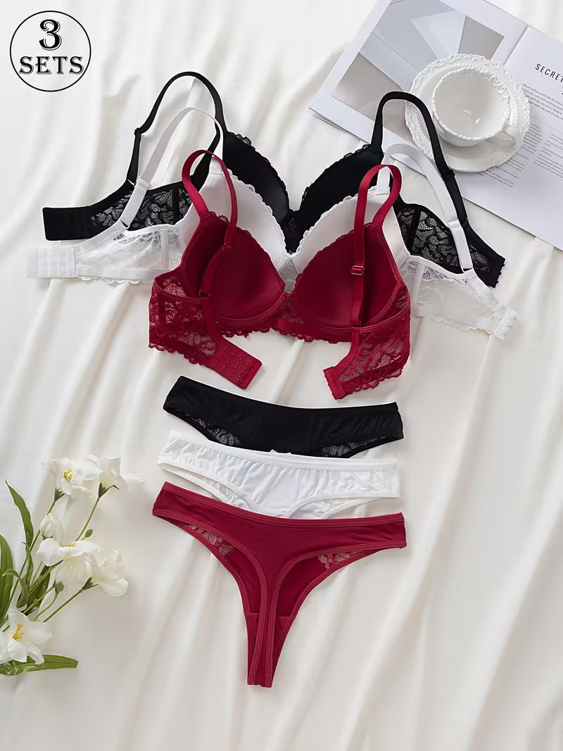 3-Piece Lace Bra & Panty Set for Women – Black, White & Burgundy