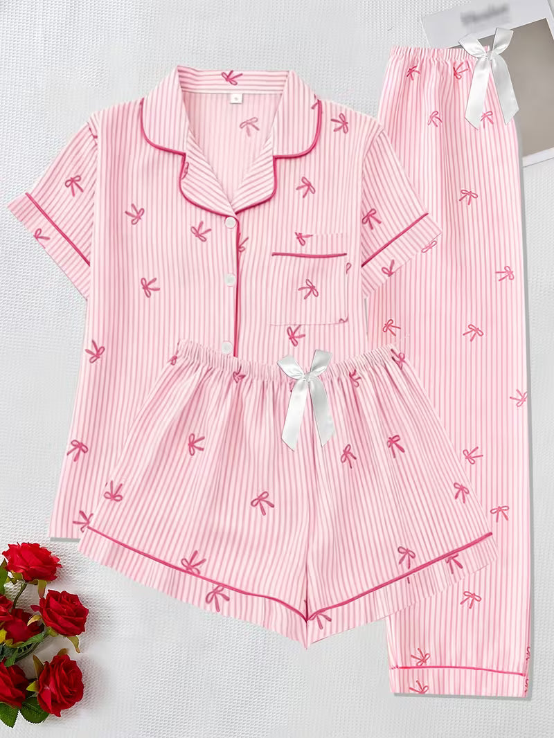 Women’s Pink Bow Print Striped Pajama Set – Short Sleeve Button-Up Top & Shorts