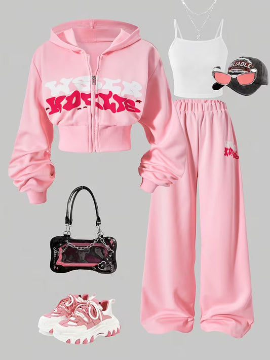 Women’s Pink Graphic Hoodie & Wide-Leg Pants 3-Piece Co-Ord Set