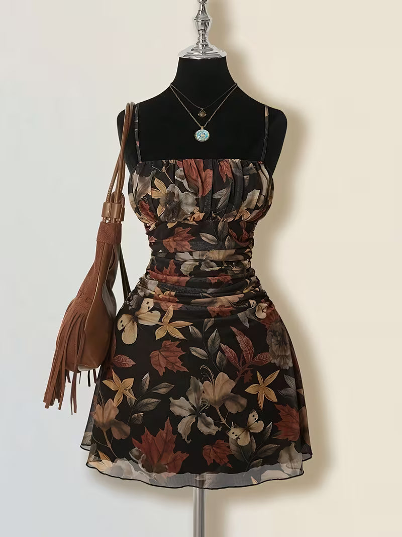 Black Floral Ruched Spaghetti Strap Maxi Dress