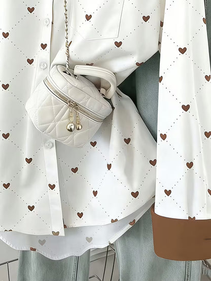 Women’s White Heart Print Button-Down Shirt