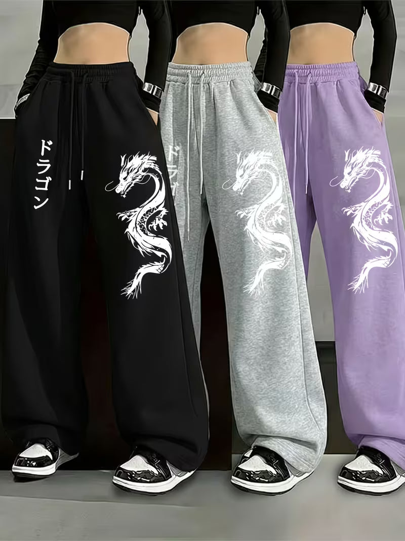 Pack Of 3 Women’s Dragon Print Wide-Leg Jogger Pants – Japanese-Inspired Casual Streetwear