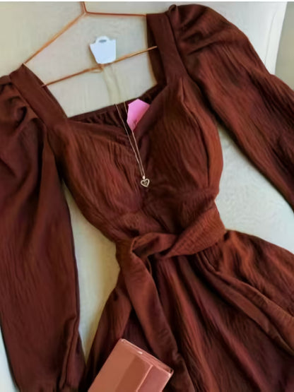 Chocolate Brown Ruched Long Sleeve Wrap Dress