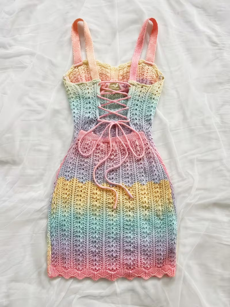 Pastel Rainbow Crochet Knit Spaghetti Strap Maxi Dress