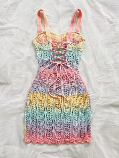 Pastel Rainbow Crochet Knit Spaghetti Strap Maxi Dress