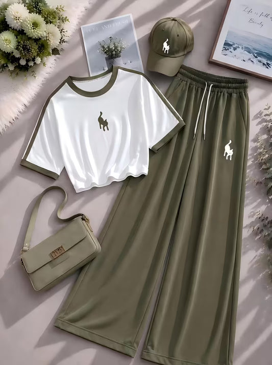 Women's Contrast Trim Crop Top & Wide-Leg Pants Co-Ord Set