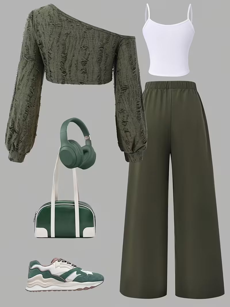 Women’s Olive Green Textured One-Shoulder Crop Top & Wide-Leg Pants 3-Piece Co-Ord Set