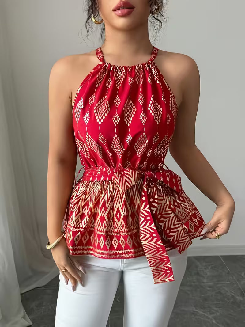 Red Printed Halter Neck Tie-Waist Peplum Top
