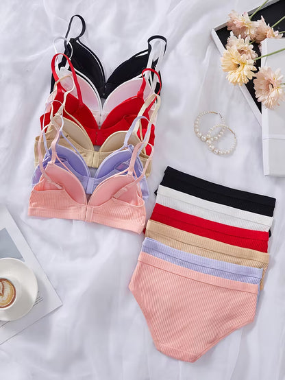 6-Set Women's Ribbed Comfort Bra & Panty Set – 12 Pieces